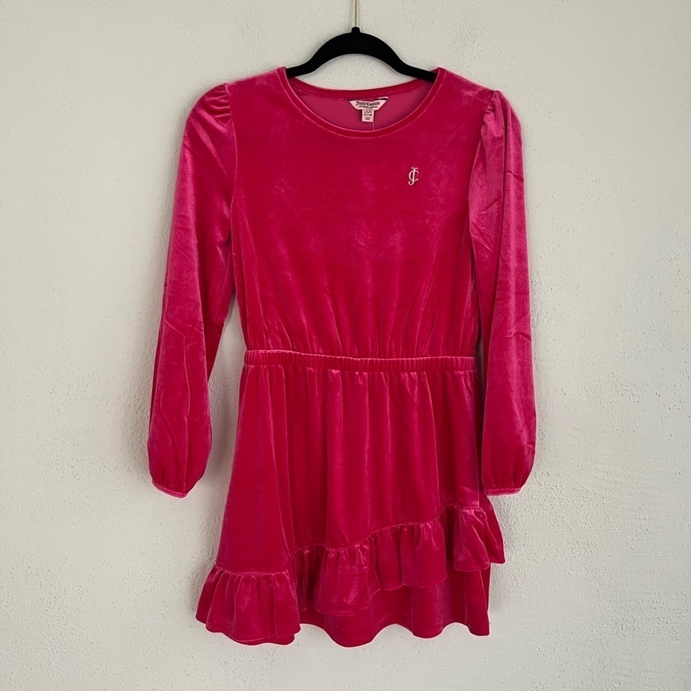 Juice Couture Little Girls Barbie Pink Velour Ruffle Hem Dress, Size lar…